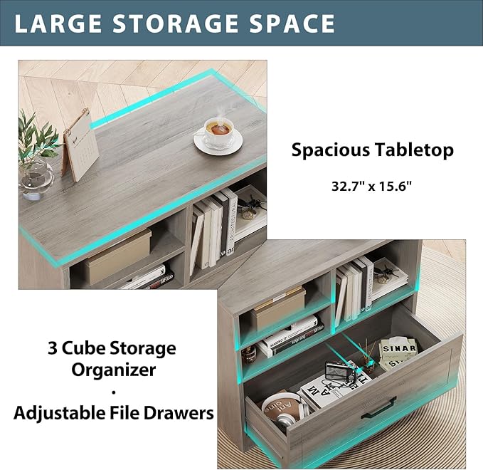 LVB Lateral Wood File Cabinet with Drawer, Farmhouse Printer Filing Cabinet with Storage for Legal Letter A4, Wooden Printer Stand with Hanging File Organizer Shelves for Home Office, 32.7 in, Greige