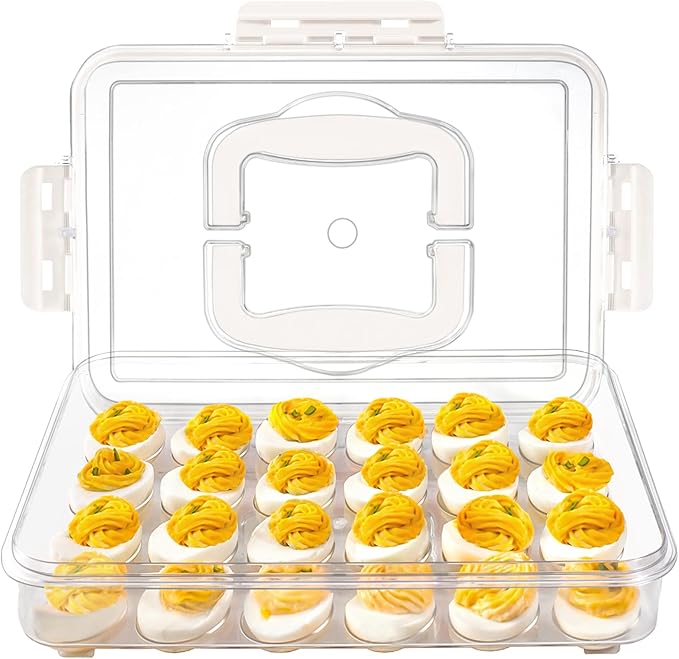 Deviled Egg Containers with Lid and Handle, Durable Clear Plastic Deviled Egg Carrier Storage 24 Eggs, Stackable Egg Holder for Fridge, Portable Tray Platter for Party & Picnics-1 Pack White