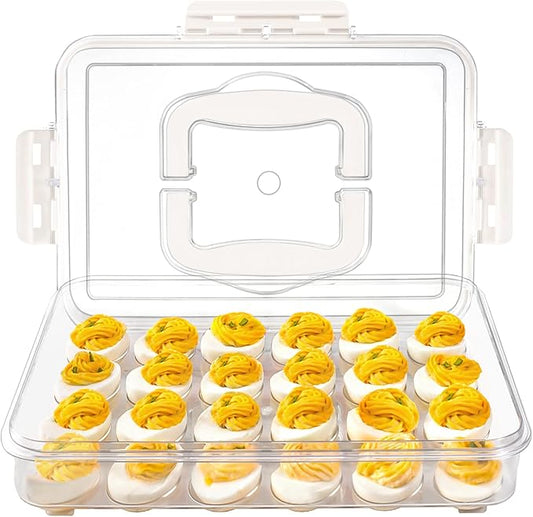 Deviled Egg Containers with Lid and Handle, Durable Clear Plastic Deviled Egg Carrier Storage 24 Eggs, Stackable Egg Holder for Fridge, Portable Tray Platter for Party & Picnics-1 Pack White