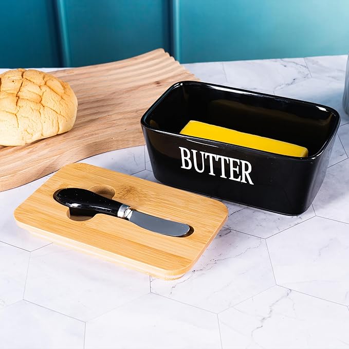 Black Butter Dish with Lid for Countertop, Large Ceramic Covered Butter Stick Holder Container for Fridge