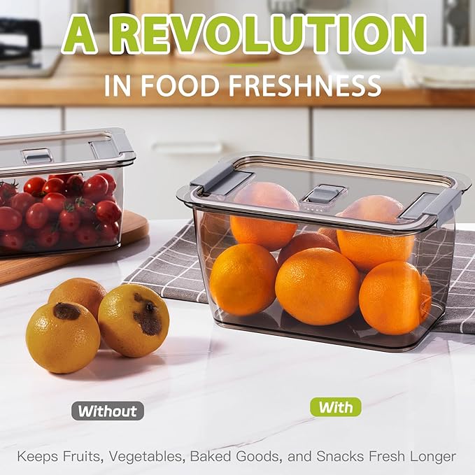 LUXEAR 4 Pack Fruit Containers for Fridge, Vegetable Storage Container with Lids &Removable Colander Produce Saver Organizer for Refrigerator Keep Fruit, Veggie, Berry, Meat Fresh Longer-Grey