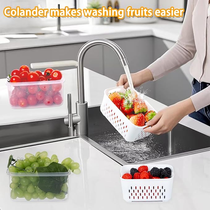 6 PCS Fruit Storage Containers for Fridge with Removable Colanders, Airtight Food Storage Container with Lids, Produce Saver, Leakproof Fridge Organizer Bins for Salad Berry Vegetables Keep Fresh