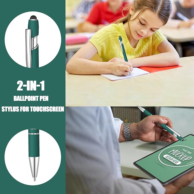 24 Pcs Blue Ink Ballpoint Pen with Stylus Tip 2 in 1 Ballpoint Pen 1.0 mm Blue Ink Metal Stylus Pen for Touch Screens Coworkers, Family, Colleagues, Office (Dark Green)