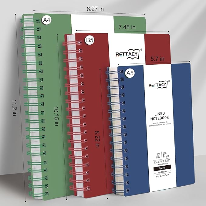 RETTACY Spiral College Ruled Notebook, 300 Pages, A5 Medium Size (5.7" x 8.2"), for School, Work, Writing, Journaling, 100 GSM Thick Paper, Flexible Plastic Cover (Navy Blue)