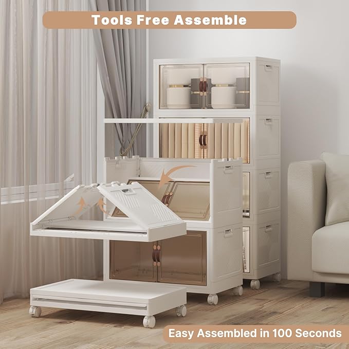 Extra Large Stackable Storage Bins with Lids & Wheels, Foldable Collapsible Closet Organizers Storage Cabinet with Doors for Bedroom Dorm (White, 220QT-55QT/14GAL*4Pack)