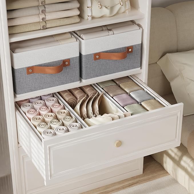 OUTBROS Storage Bins, Foldable Storage Baskets for Organizing,Fabric Storage Boxes With Handles,For bedrooms, living rooms, Shelves,Gray/White,16.1x6.5x9.8in,6-Pack