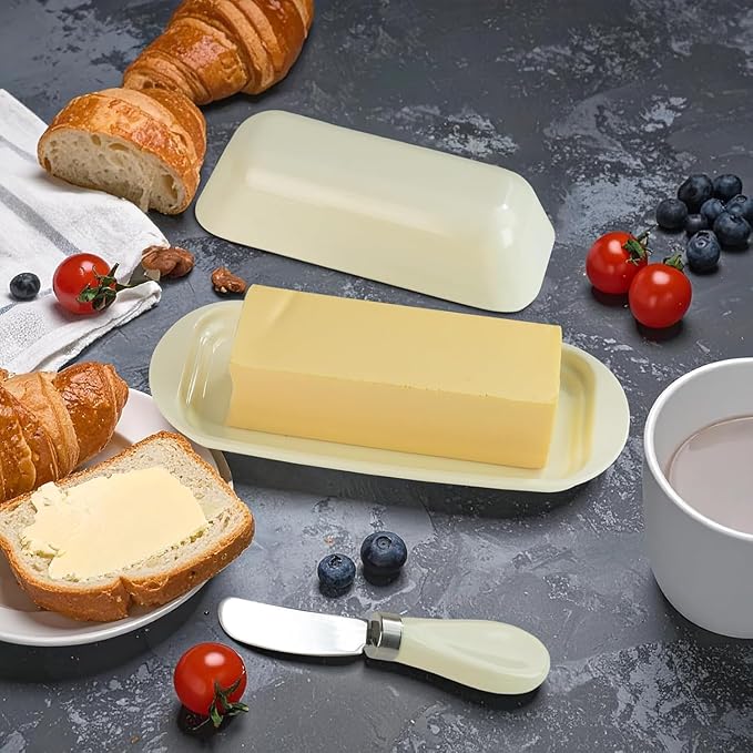 Butter Dish with Lid and Knife, Durable Countertop & Fridge Butter Keeper, BPA-Free Melamine Butter Container, Dishwasher Safe, Fits East/West Coast Butter Sticks (Cream)