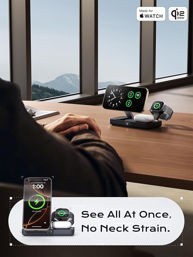 THREEKEY 3 in 1 iPhone 17 Charging Station,MagSafe Charger Compatible, Qi2 25W MFi Certified Wireless Charger Stand for iPhone 17/16/15/14/13/12, Apple Watch, AirPods(45W Adapter Included)