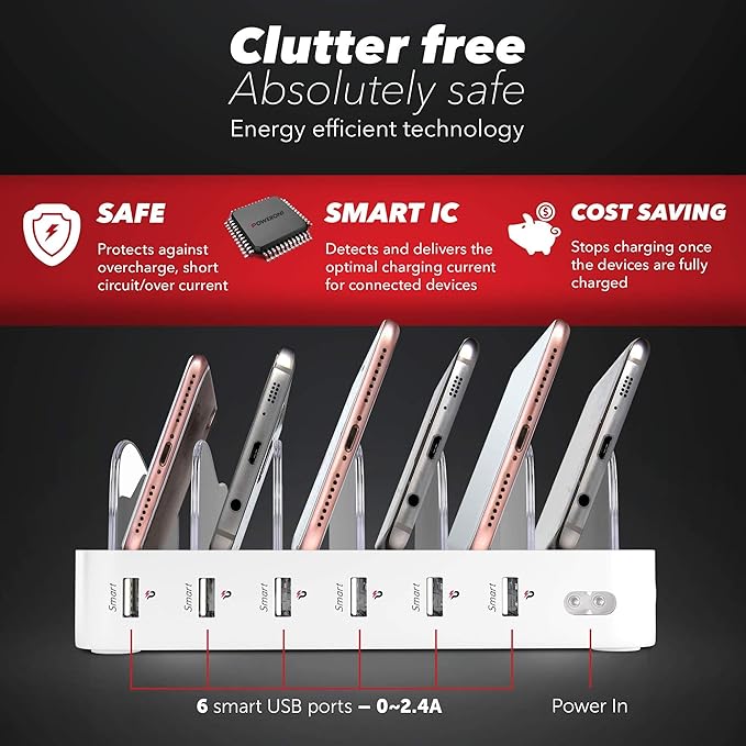 USB Charging Dock - 6-Port Universal Charging Station for Multiple Devices - Multi Device Charger Station - Compatible with Apple, iPad, iPhone, and Android Cell Phones and Tablets