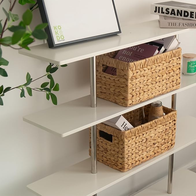 KOKODO Pack of 2 Medium Rectangular Water Hyacinth Wicker Storage Baskets with Handles and Metal Frame, Stylish and Durable Handwoven Bin for Space-saving Room Organizing or Decorative Wicker Basket