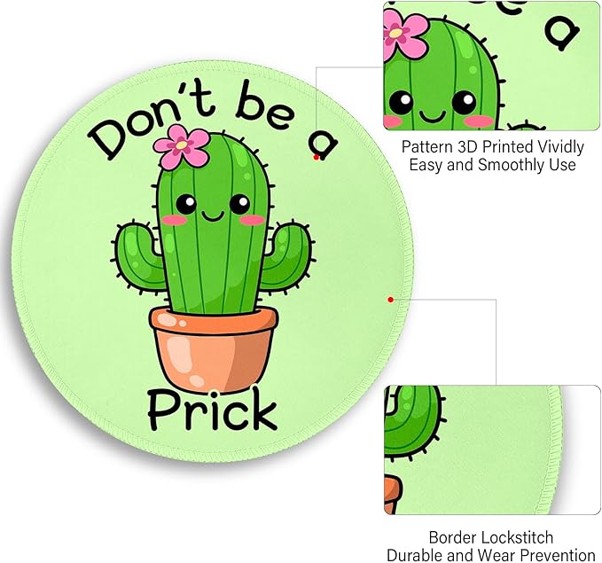 Funny Cactus Mouse Pad, Small Round Green Mouse Pads for Desk, Mini Travel Mousepad for Work Wireless Computer Laptop, Office Desk Accessories, Don't Be a Prick, 8.6 x 8.6 inch