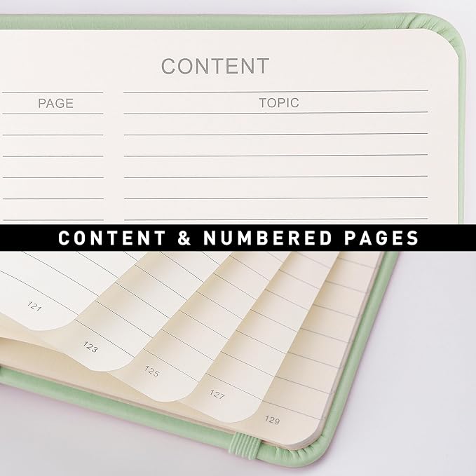 RETTACY Lined Journal Notebook, 192 Numbered Pages, A5 Medium Size (5.7'' x 8.3''), for Men & Women, Journaling, Writing, Work & Office, Leather Hardcover, 100 GSM Thick Paper (Light Green)