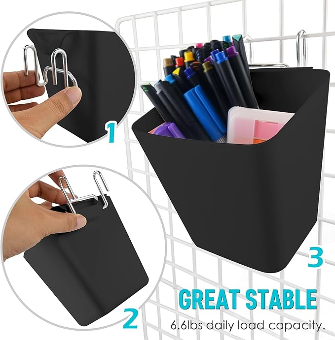 G.CORE Large Grid Wall Bins - 6Pack Black Gridwall Accessories Hanging Cups with Back Hooks - Plastic Grid Wall Panels Organizers Wire Shelves Holders for Garage Garden Craft Office Tools Storage