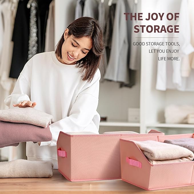 Closet Baskets for Shelves Trapezoid - Decorative Storage Baskets with Handle, Closet Bins for Organization, Shelf Storage Bins for Clothes, Books, Home, Office, 6 Pack, Pink