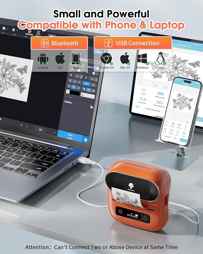 Phomemo M220 Label Printer, Barcode Printer, Bluetooth Thermal Label Maker Machine for Barcodes,Name,Address,Clothing Labeling,for Office Home,Compatible with Phones and Some PC Orange