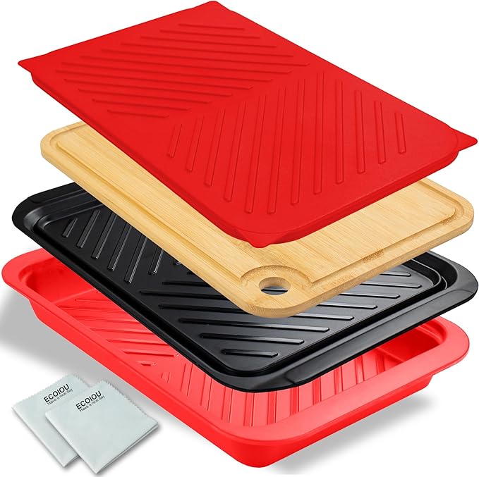 Grilling Prep and Serving Tray with Lid, Bamboo BBQ Deep Trays for Marinating Raw and Cooked Food, Melamine Serving Trays for Food, Black and Red
