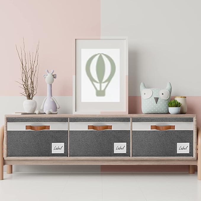 GhvyenntteS Storage Bins with Lids 3 Pack, Large Storage Baskets with Lids and Label, Foldable Fabric Storage Boxes with 3 PU Handles for Organizing Shelves Home Nursery Office (Grey, 15x11x9.6)