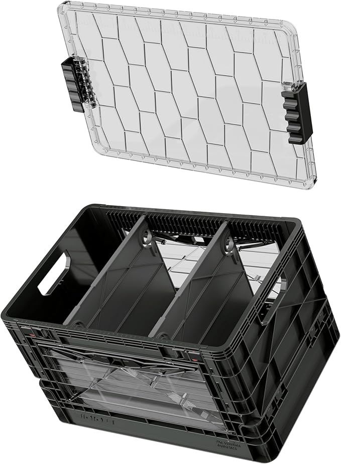 SIDIO Full-Size Collapsible Crate - Heavy Duty Stackable Storage Bin with Lid & 2 Short-Ways Dividers, Durable Plastic Organizer for Home, Office, Garage & Outdoor Use (Stealth)
