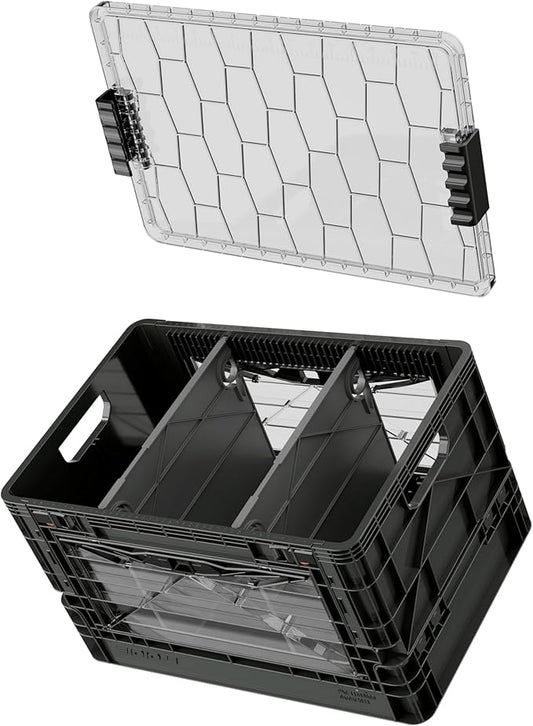 SIDIO Full-Size Collapsible Crate - Heavy Duty Stackable Storage Bin with Lid & 2 Short-Ways Dividers, Durable Plastic Organizer for Home, Office, Garage & Outdoor Use (Stealth)