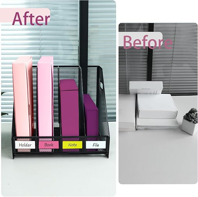 Desk Organizers, Metal Magazine File Holder with 4 Vertical Compartments Rack Binder File Organizer for Office Supplies, Home Workspace - Black