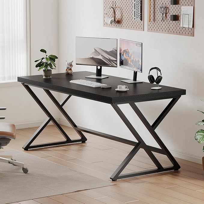 LVB Black Computer Desk, Modern Gaming PC Writing Desk for Home Office, Metal Computer Study Work Table for Bedroom, Industrial Executive Student Simple Workstation Desk, 55 in, Black Oak