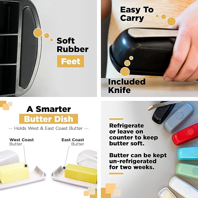 Butter Hub Extra Large Butter Dish with Lid and Knife, European Size Magnetic Butter Keeper, Easy Scoop, No Mess Lid, Plastic, Dishwasher Safe (White, European / 2 Sticks)