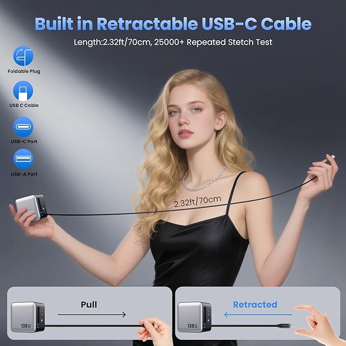 130W USB C Wall Charger,GaN III 3-Port Fast Charging Station,PD QC Foldable Charger Block Portable 65W USB C Laptop Adapter for MacBook Pro/Air,iPad Pro,Galaxy S23,Dell XPS,iPhone 16