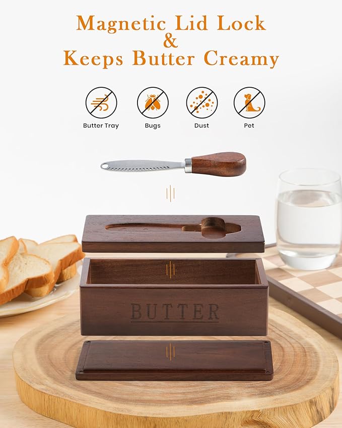 Butter Dish with Magnetic Lid, Acacia Wood Butter Keeper With Knife, Detachable Butter Container With Cover For Countertop Refrigerator