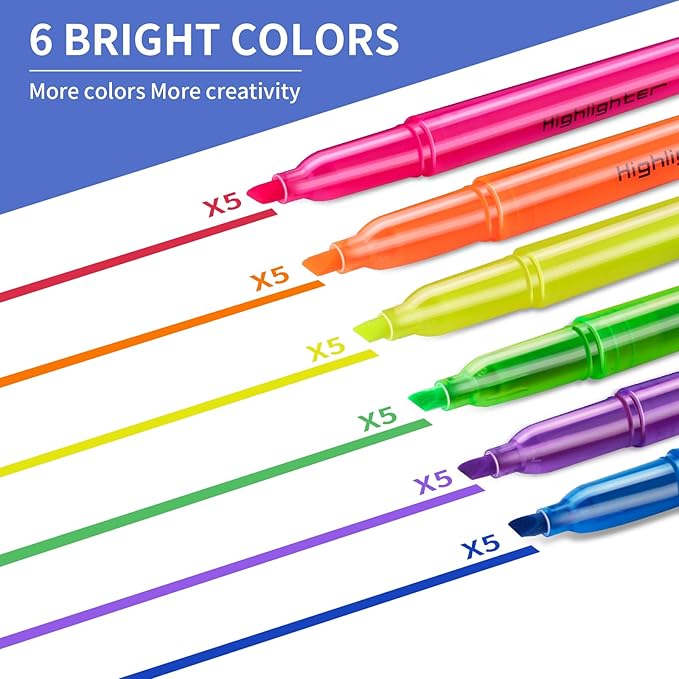 Highlighters Assorted Colors Bulk, 30 Pack: No Bleed & Dry-Quickly, Chisel Tip, 6 Bright Colors, Highlighter Set for School, College, Office