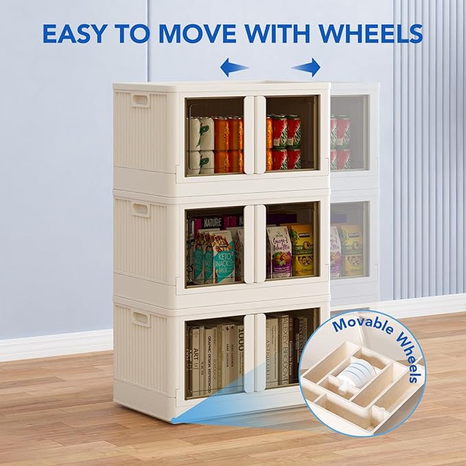 FLEXIMOUNTS 304 QT Stackable Storage Bins With Lids, Collapsible Plastic Storage Bins, Closet Organizers and Containers with Doors For Home and Built-in Wheels, 4 Pack Cubes, Milky White