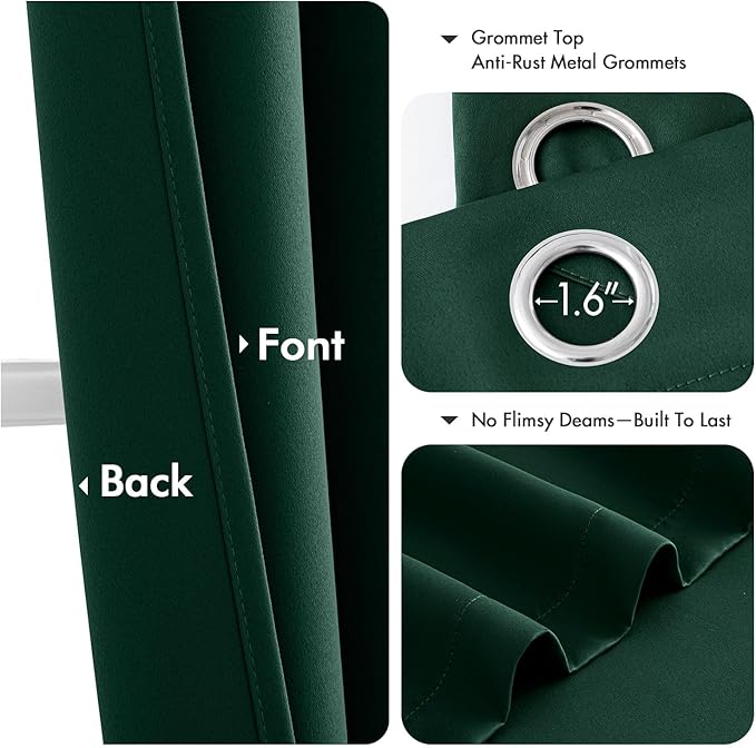 MIULEE Hunter Green Blackout Curtains for Bedroom Living Room 63 Inches Long 2 Panels, Thermal Insulated Room Darkening Drapes Solid Grommet Top Noise Reduction Emerald Green Curtains 40x63 Inch