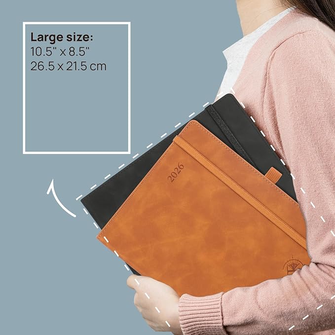 POPRUN Weekly Planner 2026 (Large 8.5" x 10.5") Calendar 12 Months Notebook with Horizontal Layout, Leather Soft Cover, Monthly Tabs, Inner Pocket, 100GSM Thick Paper, Pen Holder - Black