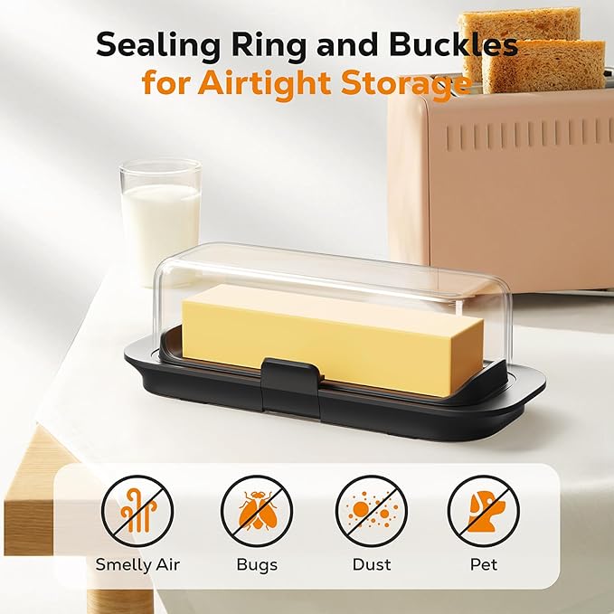 Butter Dish with Lid for Countertop and Refrigerator Door Shelf, Airtight Butter Keeper Container, Locking Butter Holder for East/West Coast Butter, BPA-free, Microwave/Dishwasher Safe