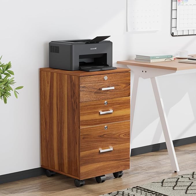 VINGLI 3-Drawer File Cabinet with Lock, Wood Rolling Filing Cabinets for Home Office, Mobile Printer Stand, Under Desk File Organizer for Letter Sized Files, 26" H(Caster Included), Walnut