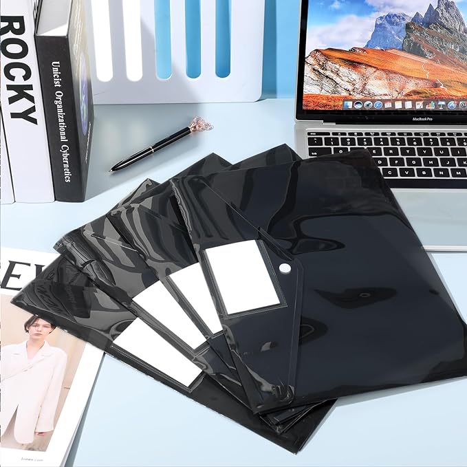 Yeaqee 50 Pcs Plastic Envelopes Poly Envelopes File Folders with Snap Button Closure Clear Folders for Documents US Letter A4 Size Filing Holder with Label Pocket for Home Office School(Black)