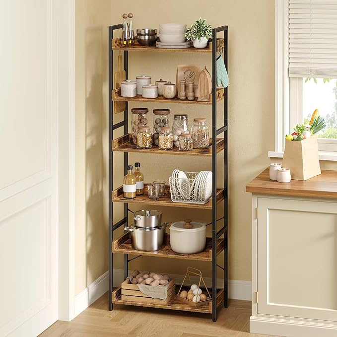 Rolanstar Bookshelf 6 Tier with 4 Hooks, Industrial Wood Bookcase, Vintage Storage Rack with Open Shelves, Rustic Standing Bookshelves Metal Frame Display Rack for Living Room, Bedroom, Rustic Brown