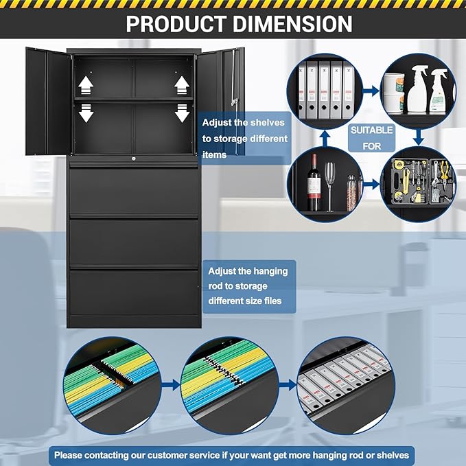 3 Drawers Lateral File Cabinet with Lockable Drawer and Door- Large Steel Filing Cabinet for Home Office Hanging Files Letter/Legal/F4/A4 Size