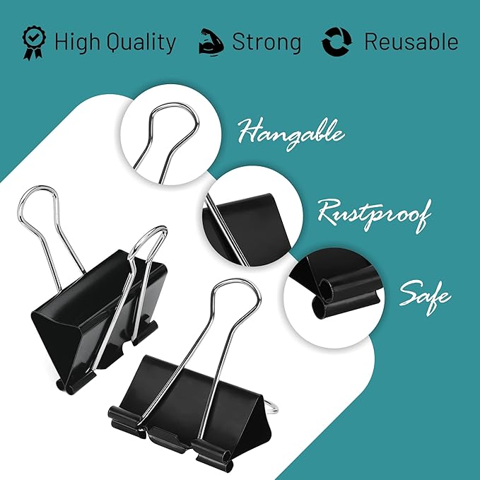 Binder Clips - 48 Pack Large Binder Clips, 2 Inch, Black Paper Clamps, File Clip for Home, Office and School Supplies