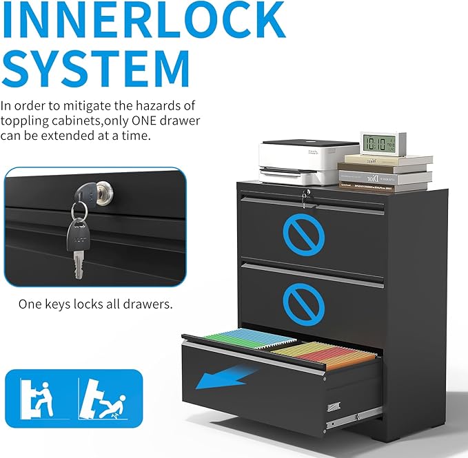 3 Drawer Lateral File Cabinet with Lock, Metal Lateral Filing Cabinet for Home Office, Steel Wide Horizontal Filing Cabinets for Letter/Legal/A4/F4 Hanging Files (Black)