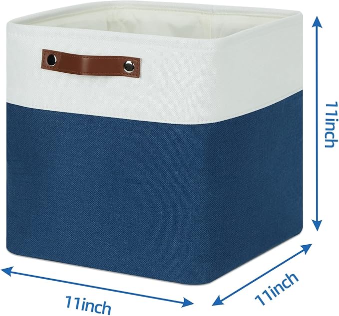 Temary Fabric Storage Cubes 11x11 Cube Storage Bins 4Pack Blue Storage Baskets for Organizing Home, Closet, Empty Gift Baskets with Handles (White&Blue)