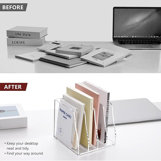 SANRUI Acrylic File Organizer, Compact Desk Organizer for Folders, Binders, Notebooks, Envelopes, Vertical Binder Storage Organizer, 4 Section Bookshelf for School Home Office Organization