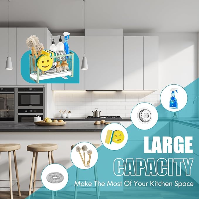 Sponge Holder for Kitchen Sink with Flexible Sponge Holder Smiley Face,2 Tier Kitchen Sink Organizer Countertop and Storage Essentials,Soap Dispenser Organize,Home Decor Accessories-Green