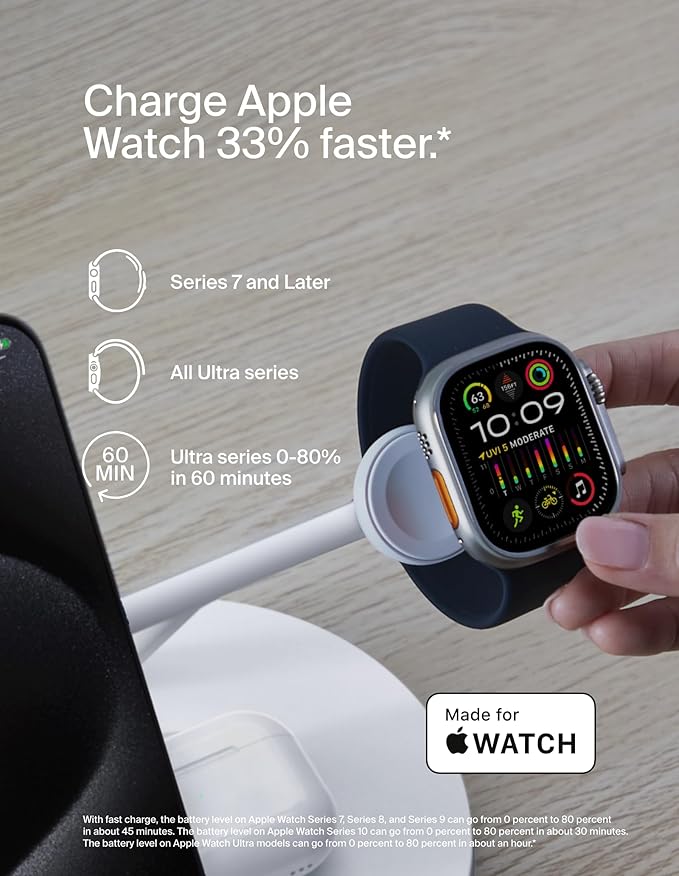 Belkin MagSafe-Compatible Charger, 3-in-1 Wireless Charging Station, Qi2-Certified 15W Wireless Charge for Apple iPhone 17 Series, Apple Watch, AirPods w/Non-Slip Base, 40W Included - Black