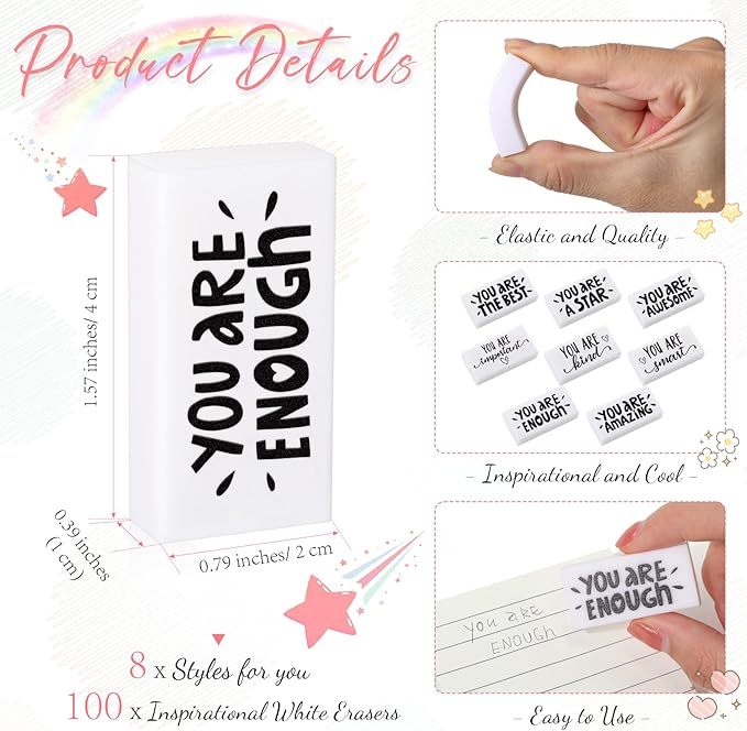 PerKoop 100 Pcs Back to School Inspirational Small Pencil Erasers Bulk for Kids, White Cute Fun Motivational Erasers Gifts for Teachers Students Classroom Reward First Day of School Supplies