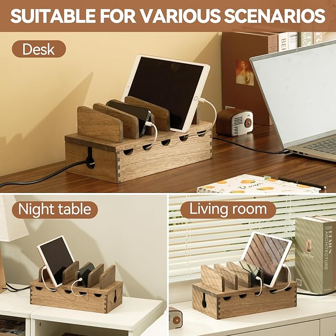 KIRIGEN Wood Charging Station Rack Organizer for Multiple Devices Desktop Organizer with 5 Ports for Cell Phones, Tablets, Earphones Wooden Cable Management DDXH-DBR