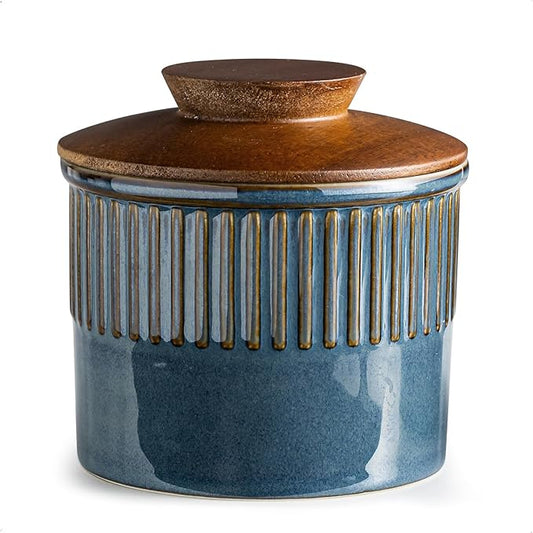 Ceramic Butter Dish with Lid, Butter Crock for Countertop, French Butter Keeper, Classic Stripe Pattern, Blue
