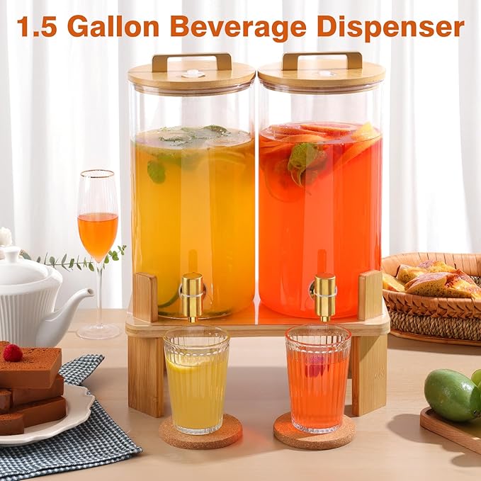 1.5 Gallon 2 PACK Glass Drink dispenser, Beverage Dispenser With Wood Stand, Lemonade Dispenser with Airtight Valve and Stainless Steel Spigot,Drink Dispenser for Parties