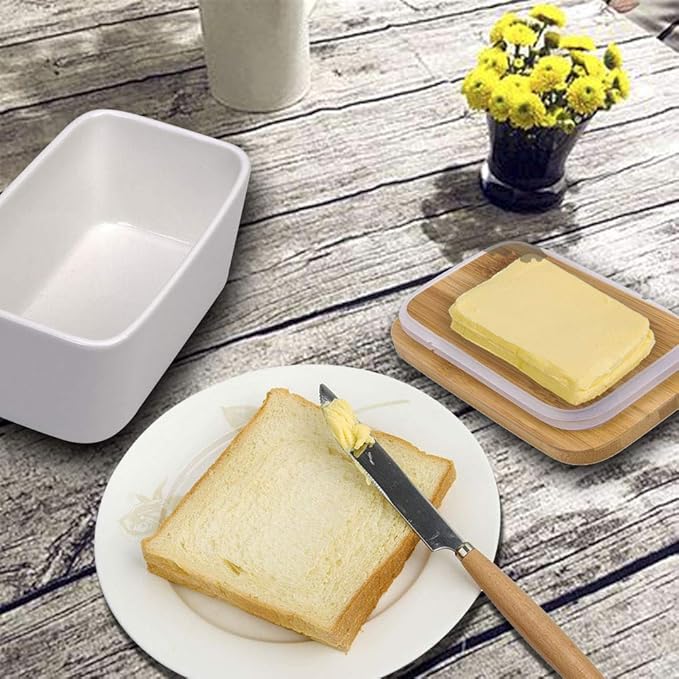 Butter Dish with Lid, LARGE 650ml Porcelain Keeper with Bamboo Lid Cover for 2 Sticks of Butter, Microwave Safe Easy Clean Butter Storage Container for Countertop and Refrigerator (White)