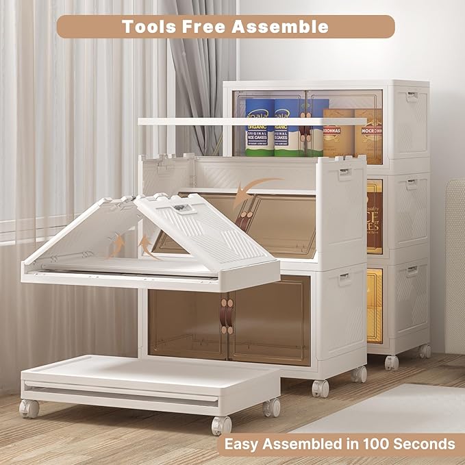 Extra Large Stackable Storage Bins with Lids & Wheels, Foldable Collapsible Closet Organizers Storage Cabinet with Doors for Bedroom Dorm (White, 360QT-120QT/30GAL*3Pack)