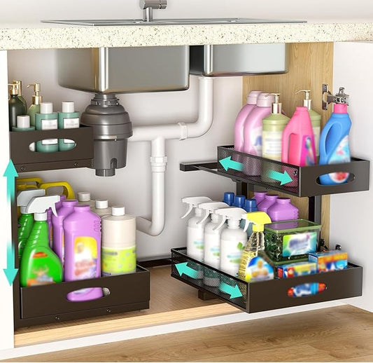 Under Sink Organizer, Extra-Wide Upgrade, 2-Pack of 2-Tier Metal Slide Out Cabinet Organizer, Height Adjustable Organization and Storage Series, Bathroom/Cabinet/Kitchen organization, Black